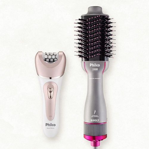 Escova Secadora Philco Advance PES25SR 1300W - Cinza e Rosa + Depilador Philco Aqua Deluxe PDP01 - Rosa