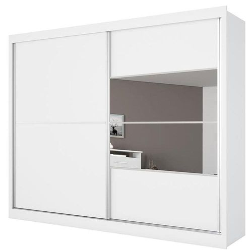 Guarda-Roupa Casal Móveis Europa Londres Flex com 205cm de Largura, Espelho, 2 Portas de Correr e 4 Gavetas Branco/Caramelo