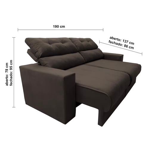 Sofá 3 lugares Cama Inbox Clean com assento Retrátil e encosto Reclinável em tecido Velusoft com 190 cm de largura Café
