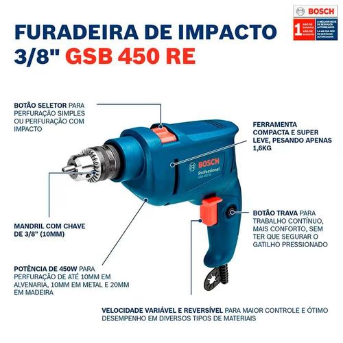 Furadeira de Impacto Bosch GSB 450 RE Mandril 3/8" - 450W 110V