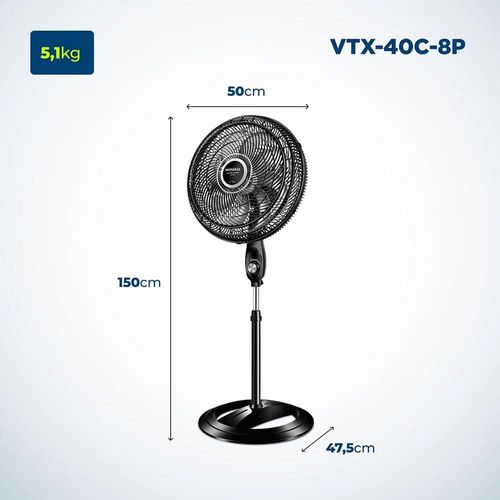 Ventilador de Coluna Mondial VTX-40C-8P 40 cm com 3 Velocidades - Preto 220V