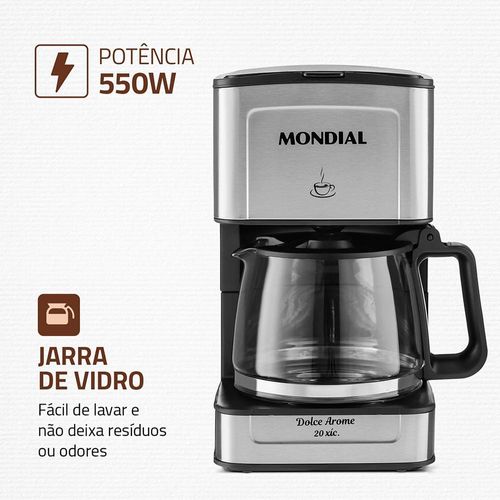 Cafeteira Elétrica Mondial Dolce Arome Vidro C-43-20X-SI 20 Xícaras 550W – Preto/Inox 110V