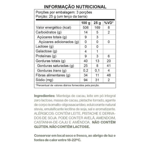 Barra Choco ao Leite Zero Poliol com Pedaços de Pistache 75g