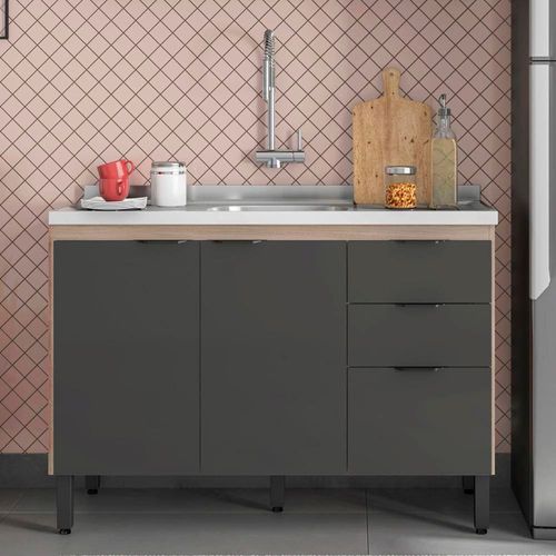 Balcão Demóbile Firenze com 3 Portas, 2 Gavetas e 1 Prateleira + Pia para Cozinha Ghelplus King com Válvula - 120x53cm Avena/Grafito
