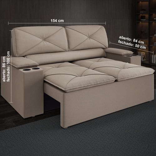 Sofá 2 lugares DDS Next Pop com Assento Retrátil e Encosto Reclinável em Veludo Suede com porta copos - 154 cm de largura Capuccino