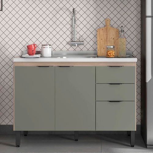 Balcão Demóbile Firenze com 3 Portas, 2 Gavetas e 1 Prateleira + Pia para Cozinha Ghelplus King com Válvula - 120x53cm Avena/Menta