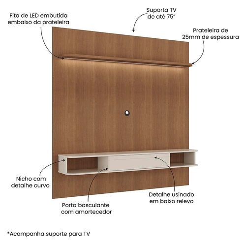 Painel Belluno Artely para TV de até 75 Polegadas com 1 Prateleira e 2 Nichos Cinamomo e Off White