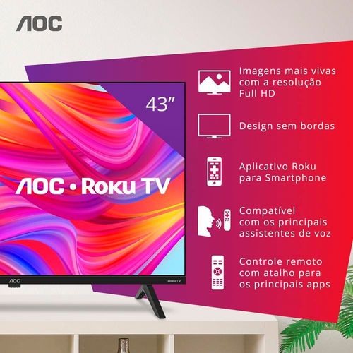 Smart TV 43” Full HD DLED AOC 43S5045/78G com sistema operacional Roku, processador Quad Core, Dolby Audio, HDMI e USB