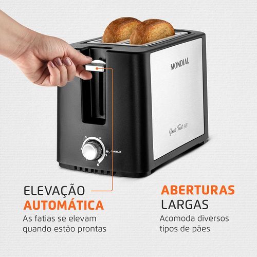 Torradeira Smart Toast Mondial T-13 com 6 opções de tostagem – Preto/Inox 110V