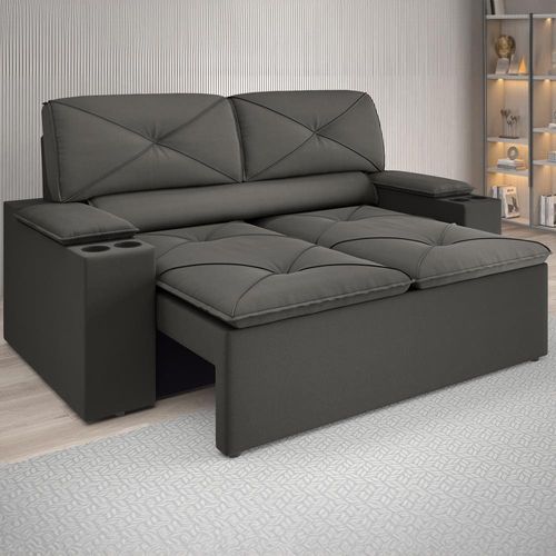 Sofá 2 lugares DDS Next Pop com Assento Retrátil e Encosto Reclinável em Veludo Suede com porta copos - 154 cm de largura Cinza