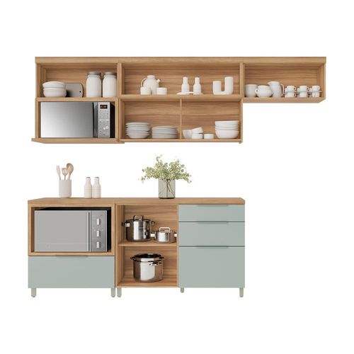 Cozinha Compacta Nesher Marquesa com 4 Portas, 4 Gavetas e 4 Prateleiras – 280cm de Largura Verde