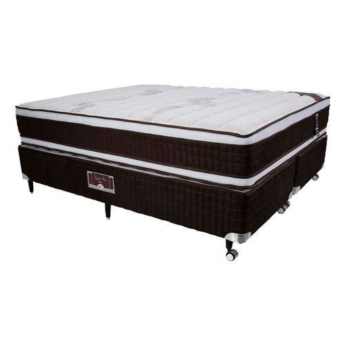 Cama Box Queen Size Castor Selle P Double com Revestimento em Tecido Suede + Colchão com Molejo Tecnopedic e Euro Pillow 34x158x198cm – Marrom e Bege