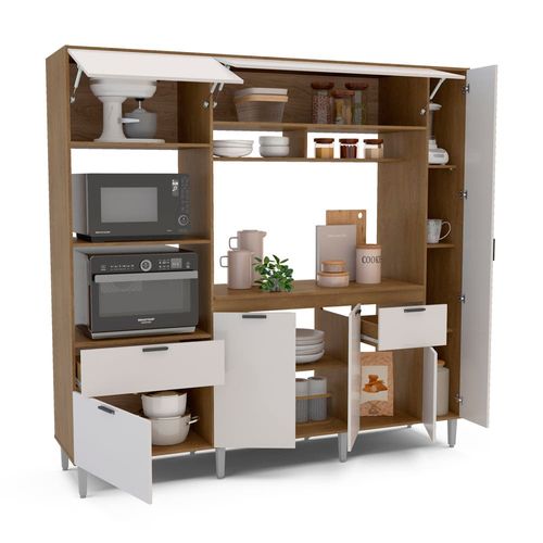 Cozinha Compacta Politorno Mov Lyon MDP com 7 Portas, 2 Gavetas e 1 Prateleira 217 cm de largura - Freijó e Off White