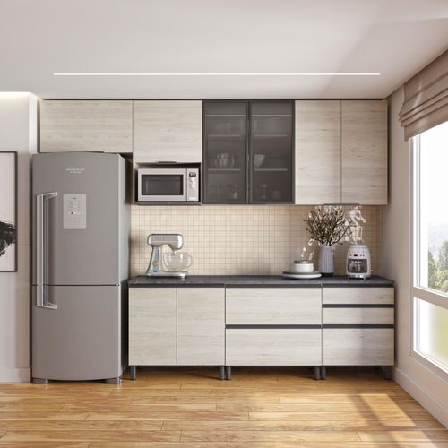 Cozinha Bartira Cristal com 10 Portas, 3 Gavetas, 5 Prateleiras e Nicho para Micro-ondas - 300cm de Largura Freixo