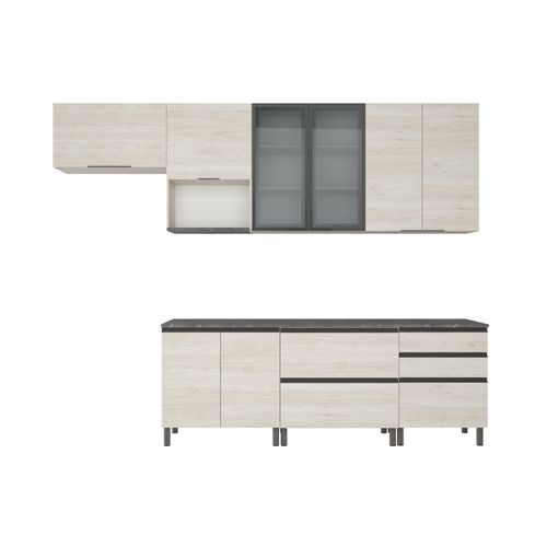 Cozinha Bartira Cristal com 10 Portas, 3 Gavetas, 5 Prateleiras e Nicho para Micro-ondas - 300cm de Largura Freixo
