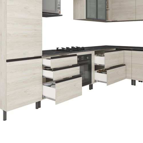 Cozinha Bartira Cristal com 15 Portas, 3 Gavetas, 13 Prateleiras e Nicho para Forno e Micro-ondas - 762,8cm de Largura Freixo