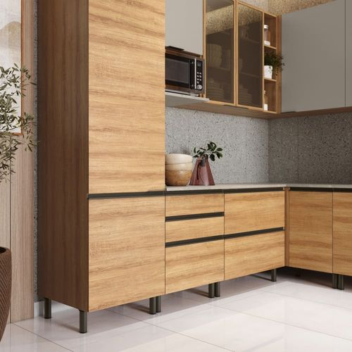 Cozinha Bartira Cristal com 14 Portas, 3 Gavetas, 13 Prateleiras e Nicho para Micro-ondas - 301,8cm de Largura Lâmina Mel e Nude