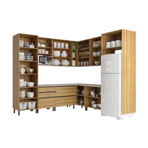 Cozinha Bartira Cristal com 14 Portas, 3 Gavetas, 13 Prateleiras e Nicho para Micro-ondas - 301,8cm de Largura Lâmina Mel