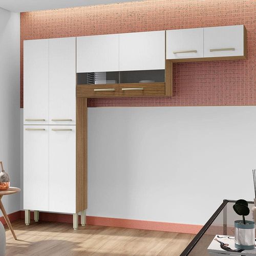 Cozinha Compacta Kit`s Paraná Nala com 8 Portas e 4 Prateleiras - 222cm de largura Freijó/Patina/Ripado