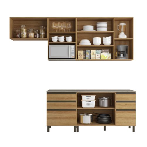 Cozinha Bartira Cristal com 7 Portas, 6 Gavetas, 4 Prateleiras e Nicho para Micro-ondas - 260cm de Largura Lâmina Mel