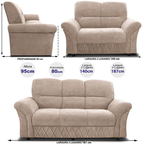 Sofá de 3 e 2 Lugares Cama inBox Mourato com 187cm e 140cm de Larguras e Revestidos em Bouclé Bege Claro