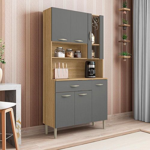 Cozinha Compacta Kits Paraná Golden com 6 Portas, 1 Gaveta e 1 Prateleira - 91cm de largura - Freijó/Patina Freijo/Gris