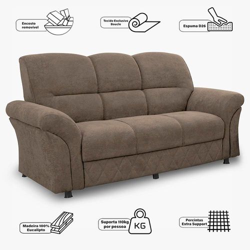 Sofá 3 Lugares Cama inBox Mourato com 187cm de Largura e Revestido em Bouclé Marrom