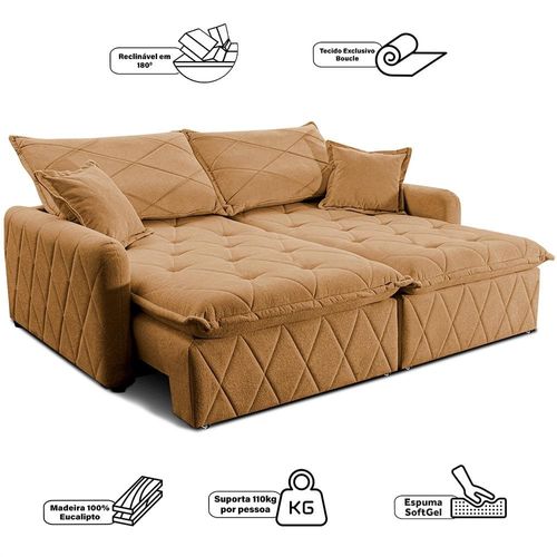Sofá 3 Lugares Cama inBox Sublime Retrátil e Reclinável Revestido em Bouclé - 180cm de largura Caramelo