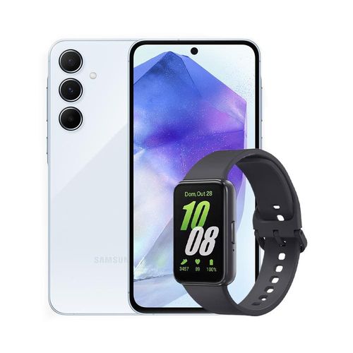 Smartphone Samsung Galaxy A55 5G 128GB Azul Claro, 8GB RAM, Câmera Tripla Traseira de até 50MP e Tela Super AMOLED 6.6" + Galaxy Fit3 Grafite
