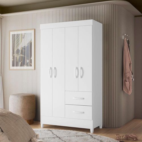 Guarda-Roupa Palumóveis Mobi com 4 Portas e 2 Gavetas Biflex Branco/Rosa Matte
