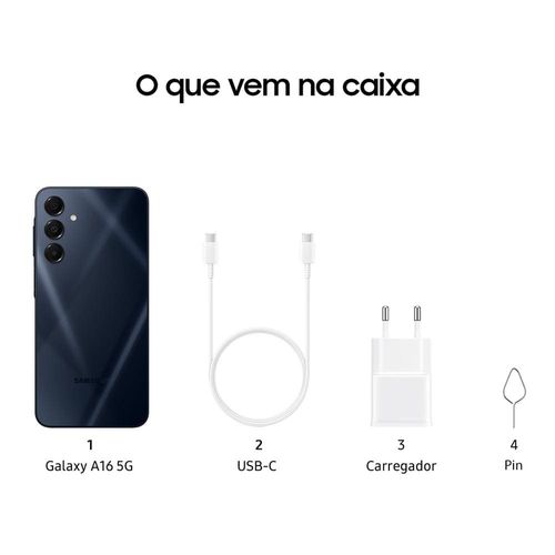 Smartphone Samsung Galaxy A16 5G Azul Escuro 256GB, 8GB RAM, Exynos 1330 Octa-Core, NFC, IP54, Câmera Tripla até 50MP e Tela Super Amoled 6.7" 90Hz