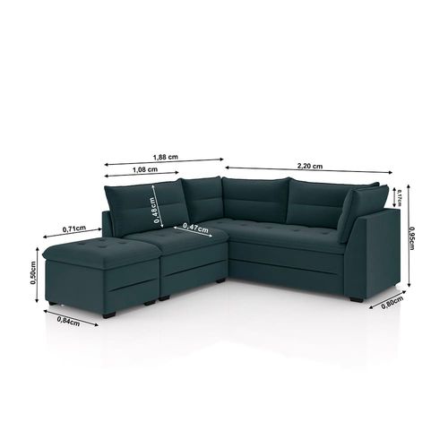 Sofá Modular de Canto 4 Lugares Luizzi Quebec com Pufe e Revestimento em Suede – 408cm de Largura Petróleo
