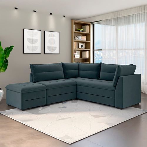 Sofá Modular de Canto 4 Lugares Luizzi Quebec com Pufe e Revestimento em Suede – 408cm de Largura Petróleo