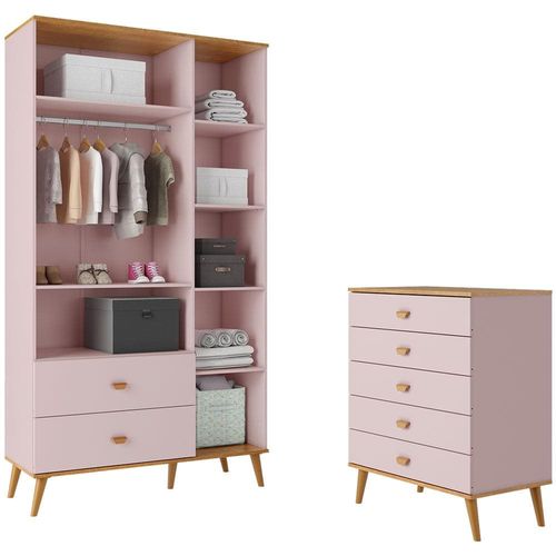 Guarda-Roupa Bartira Ternura com 3 Portas, 2 Gavetas + Cômoda Bartira Ternura com 5 Gavetas Rosa Wood