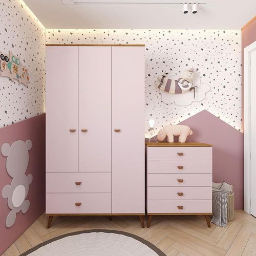 Guarda-Roupa Bartira Ternura com 3 Portas, 2 Gavetas + Cômoda Bartira Ternura com 5 Gavetas Rosa Wood