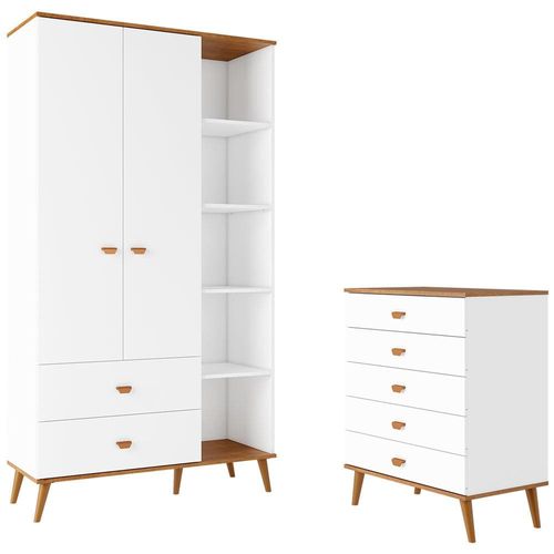 Guarda-Roupa Bartira Ternura com 5 Nichos, 2 Portas, 2 Gavetas + Cômoda Bartira Ternura com 5 Gavetas Branco Wood