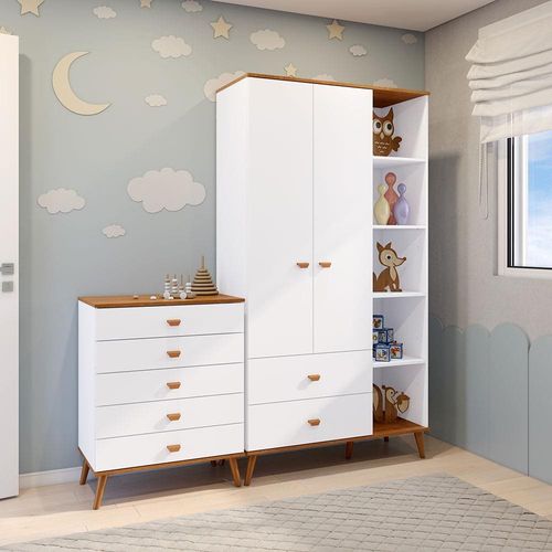Guarda-Roupa Bartira Ternura com 5 Nichos, 2 Portas, 2 Gavetas + Cômoda Bartira Ternura com 5 Gavetas Branco Wood