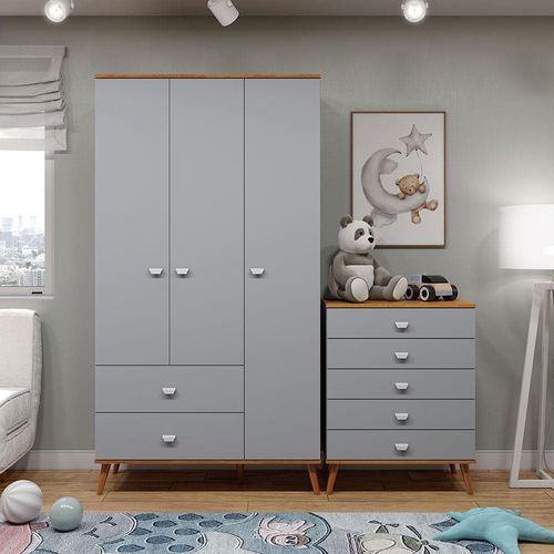 Guarda-Roupa Bartira Ternura com 3 Portas, 2 Gavetas + Cômoda Bartira Ternura com 5 Gavetas Azul Wood