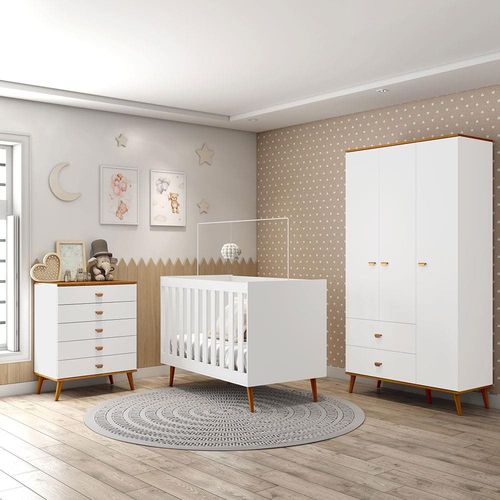 Guarda-Roupa Bartira Ternura com 3 Portas, 2 Gavetas + Cômoda Ternura com 5 Gavetas + Berço Móveis Estrela Ternura Branco Wood