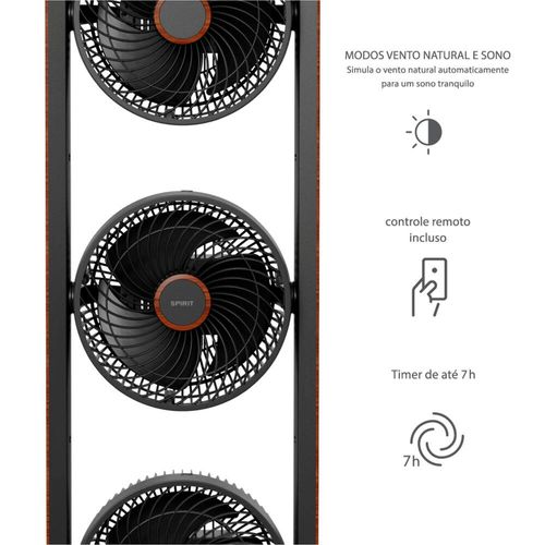 Ventilador de Torre Spirit Robot Triplo 130W com 3 Velocidades, Controle Remoto e Painel Digital com Display LED - Preto/Tabaco 110V