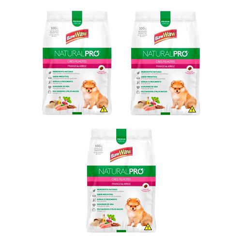 Kit 3 Ração Baw Waw Natural Pró Cão Filhote Frango e Arroz 1kg cada