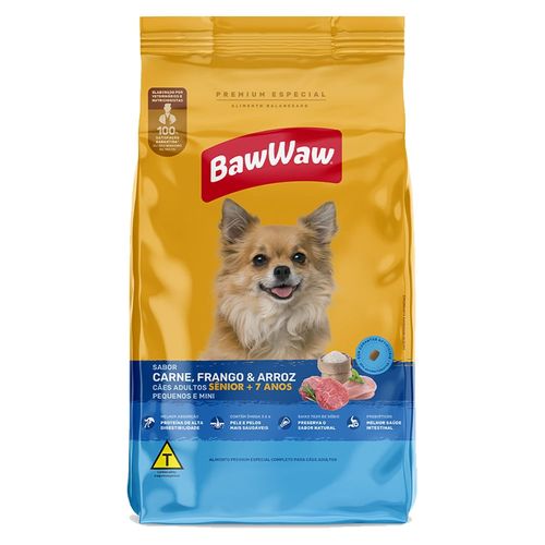 Ração Baw Waw Cão Adulto Sênior Raças Pequenas e Mini - Sabor Carne, Frango e arroz 2,4g