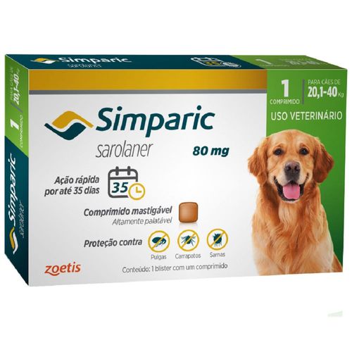 Simparic 80mg Cães de 20,1 Kg a 40,0 Kg 1 Comprimido