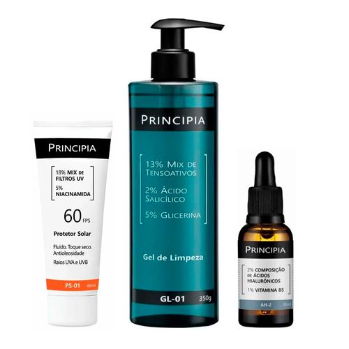 Kit Principia Gel Limpeza Facial Anti-Oleosidade 350ml+Sérum Facial Vitamina B5 30ml+Protetor Solar Facial Fps60 40ml