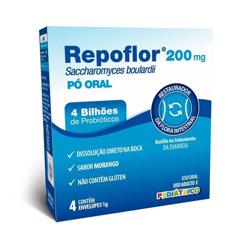 Repoflor Pediátrico 200mg Pó Oral Sabor Morango 4 envelopes 1g