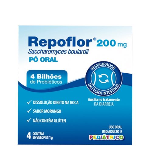 Repoflor Pediátrico 200mg Pó Oral Sabor Morango 4 envelopes 1g