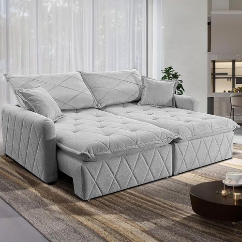 Sofá 3 lugares Cama inBox Sublime com Assento Retrátil e Encosto Reclinável em Boucle - 200cm de Largura Cinza Claro