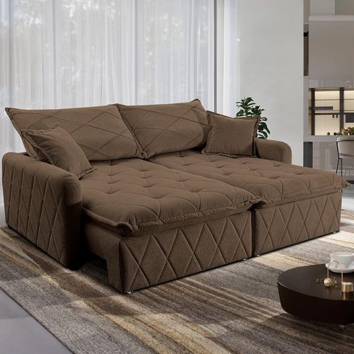 Sofá 3 lugares Cama inBox Sublime com Assento Retrátil e Encosto Reclinável em Boucle - 200cm de Largura Marrom