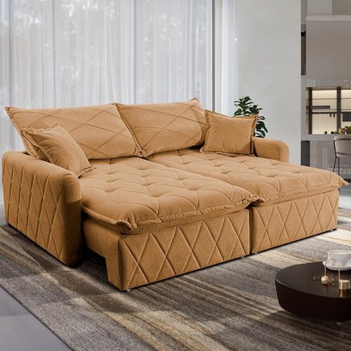 Sofá 3 lugares Cama inBox Sublime com Assento Retrátil e Encosto Reclinável em Boucle - 200cm de Largura Caramelo