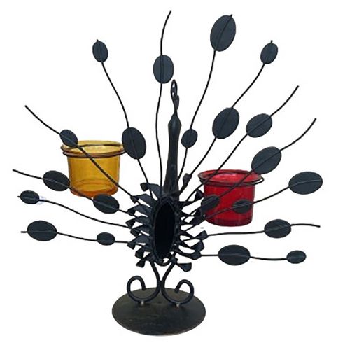 Castiçal Duplo Pavão Decorativo Vela Metal Vidro Colorido